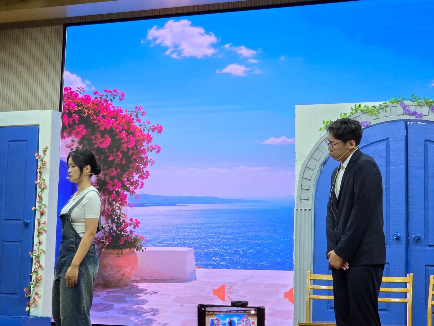 A duet scene in the Mamma Mia school production