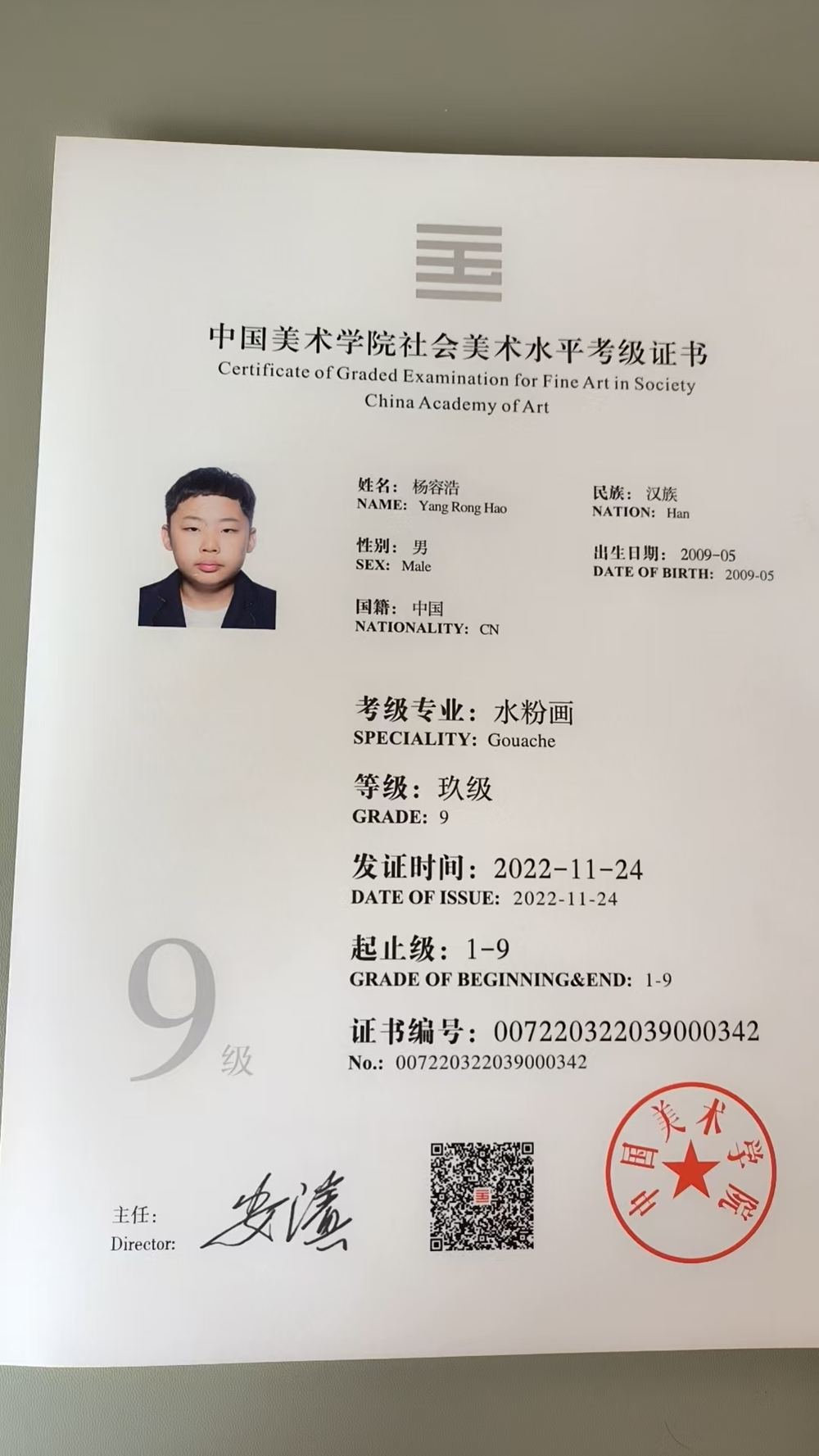 China Academy of Art graded examination certificate, Gouache Grade 9, issued 2022