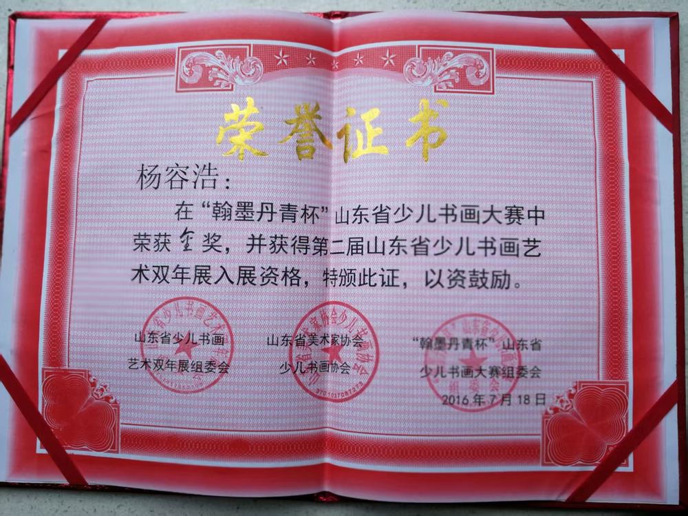 Honorary certificate of the Gold Award at the Hanmo Danqing Cup Shandong children's painting and calligraphy competition, 2016