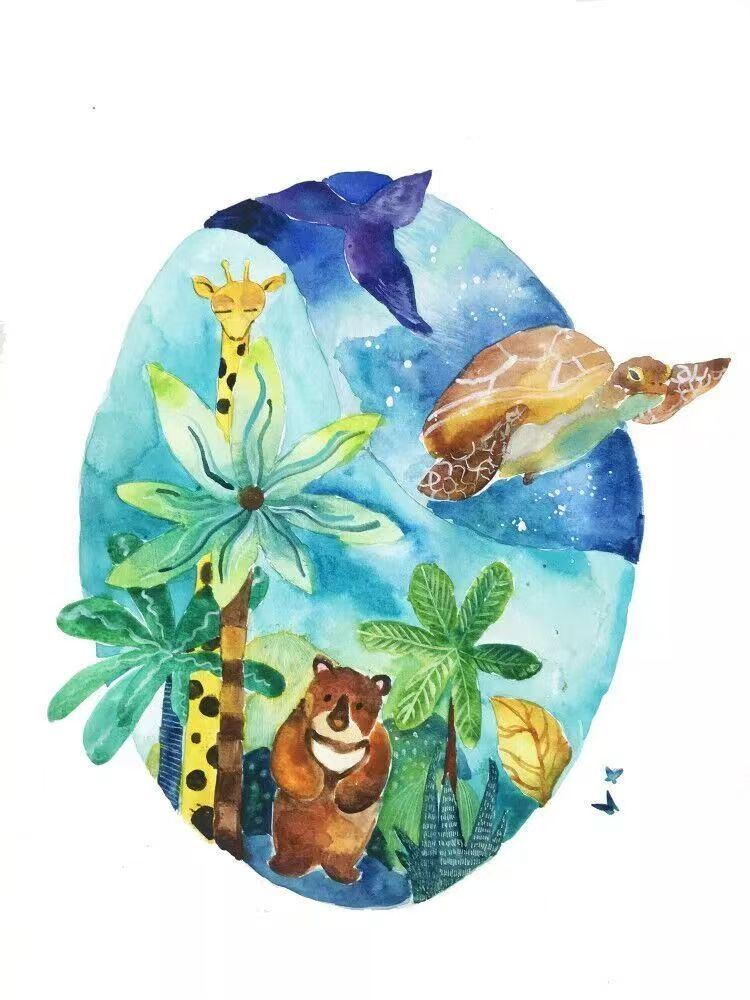 Watercolor painting of a giraffe, bear, sea turtle and bird among plants